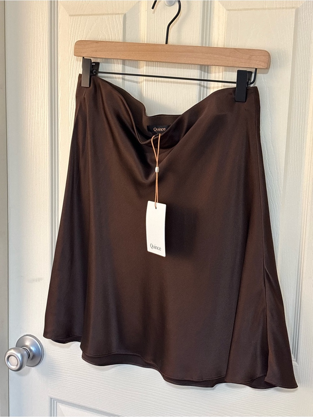 Quince 100% Mulberry Silk Bias Cut Slip Skirt Chocolate Brown L Satin A-Line - Picture 3 of 11